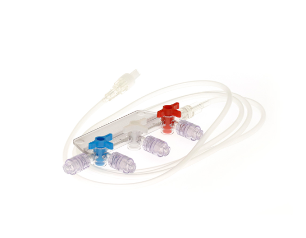 3 x 3 way stopcock with needle free connectors, 150cm extension, plate, pvc free