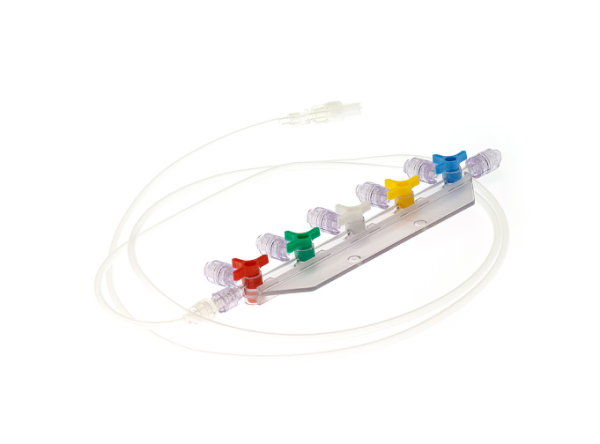 5 x 3 way stopcock with needle free connectors, 150cm extension, plate, pvc free